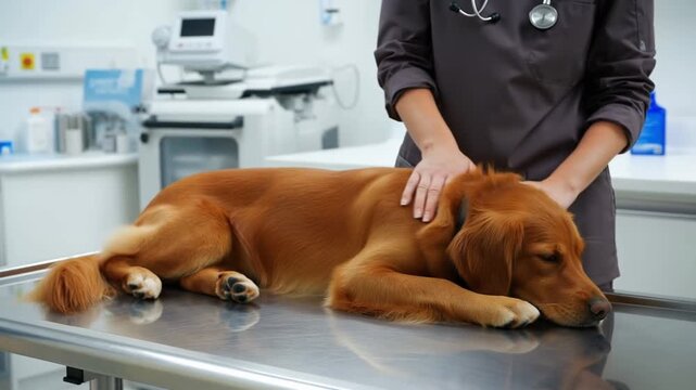 A vet gently examines a golden retriever dog. The vet is wearing a medical uniform and a stethoscope Stock Video