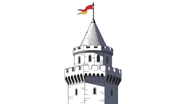 A pixelated illustration of a stone castle tower with a red and yellow flag