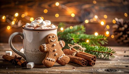 Cozy Christmas Treat Gingerbread Man and Hot Chocolate with Marshmallows in a Festive Setting