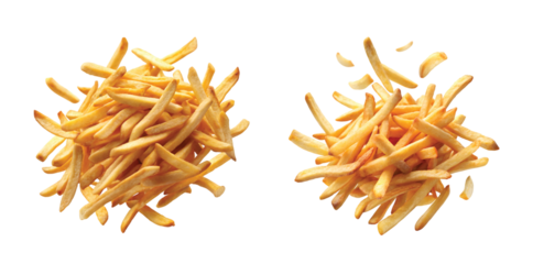 French Fries Explosion: PNG of golden crispy French fries flying in midair in a dynamic scattered composition, ultra-sharp detail.