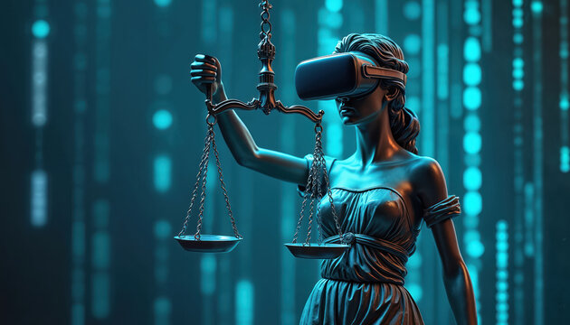 Lady Justice wears VR headset. Holds classic scales of justice in glowing digital tech background. Artwork shows law meets future tech, artificial intelligence. Virtual reality impacts legal system,