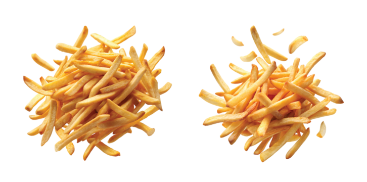 French Fries Explosion: PNG of golden crispy French fries flying in midair in a dynamic scattered composition, ultra-sharp detail.