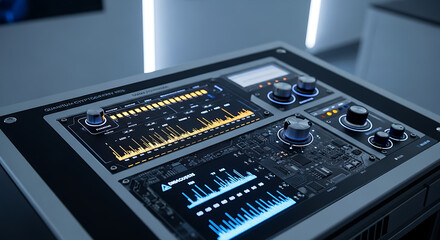 Close up of quantum cryptography device with screens and knobs in a futuristic setting ai generated