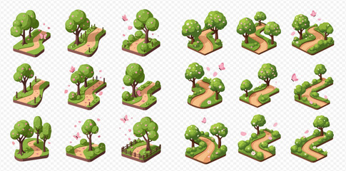 Collection of isometric landscape elements featuring winding dirt roads, lush green trees, and bushes, perfect for game maps.