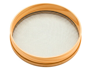 Round wooden sieve with metal mesh on a transparent background