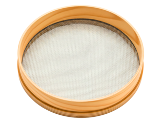 Round wooden sieve with metal mesh on a transparent background