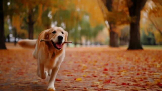 Golden Retriever dog running and carrying a stick in its mouth Stock Video