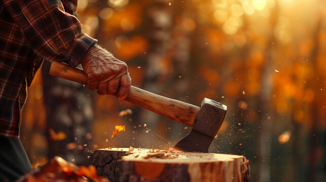 Man chopping wood with axe in autumn forest during sunset