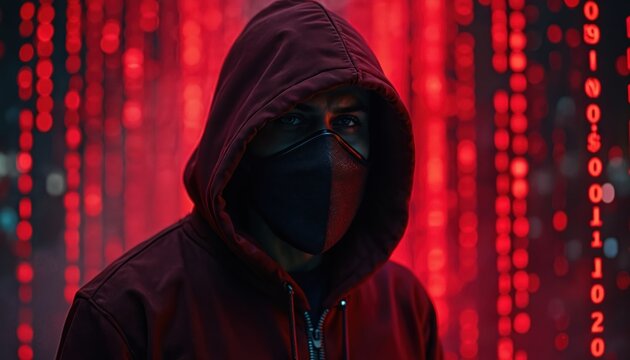 Hooded person wears black mask, face hidden, stands against red digital code rain. Anonymous figure in dark hooded top, mystery person in cyber world. - Powered by Adobe