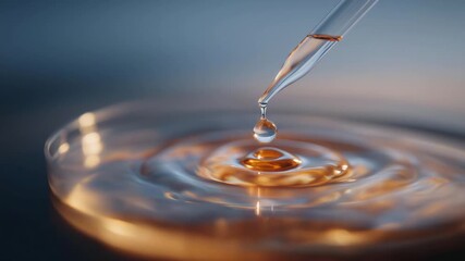 Macro shot of droplet suspended from pipette tip entering petri dish surface, emotion of anticipation and curiosity visible, representing nanotechnology experiments, chemistry innovation, and - Powered by Adobe
