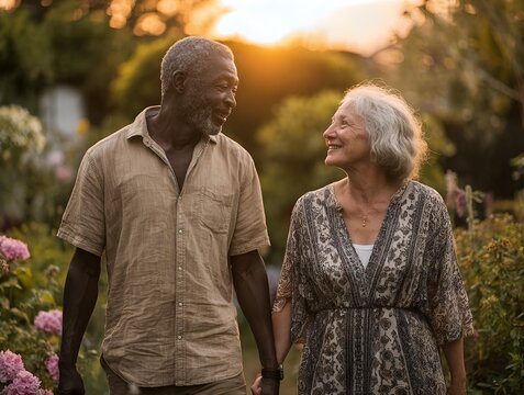 elderly interracial couple holding hands in garden at golden hour. happy lifestyle 