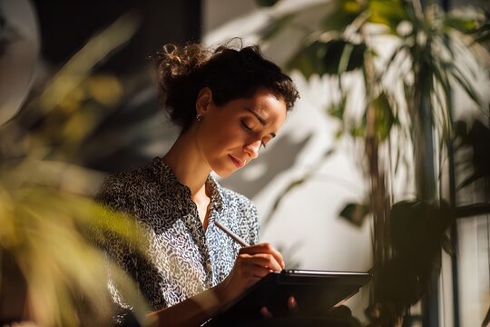 female designer sketching on tablet in bright coworking space. creative lifestyle photo