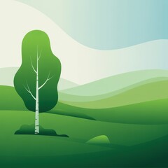 Minimalist green hills and a single tree vector art
