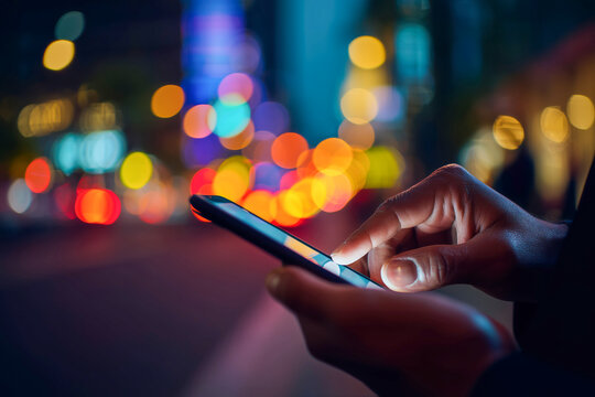 Hands operate a smartphone on a city street at night, with colorful bokeh lights in the background evoking urban life, connection, and digital interaction