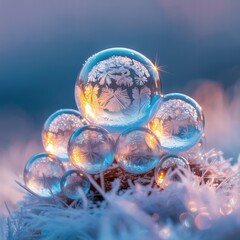 Frozen soap bubbles showing intricate ice patterns.