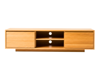 Light wood media console with sliding doors and center shelves on a transparent background