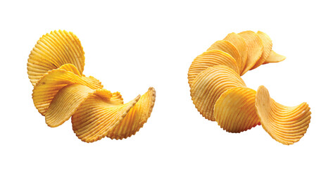 Fototapeta premium Potato Chips in a Curved Shape: PNG of crispy potato chips arranged in a curved wave shape, golden yellow tone, sharp focus, realistic texture.