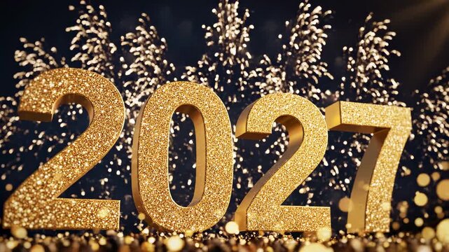 Happy New Year 2027 Celebration with Golden Glitter and Fireworks.