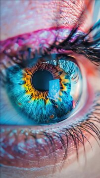 A close-up of a human eye with blue iris, yellow pupil, long eyelashes, and detailed reflections.