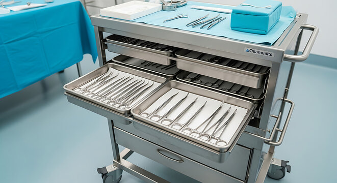 Surgical cart with sterile instruments in trays ready for a medical procedure in a hospital room ai generated