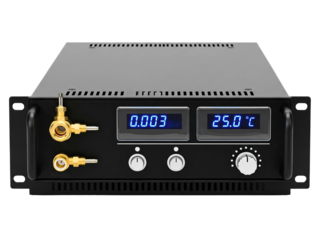 Black rack-mount electronic device with digital temperature display on a transparent background