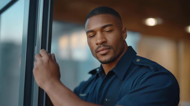 Officer unlocking a heavy steel door inside a correctional block, showing cautious focus, symbolizing procedural precision, responsibility, and emotional steadiness amid daily risk. cinematic color