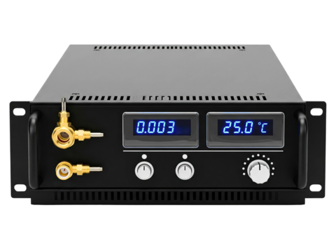 Black rack-mount electronic device with digital temperature display on a transparent background
