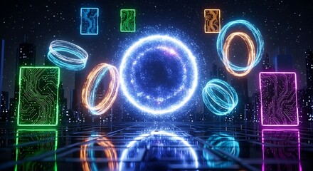 Vibrant Neon Rings and Rectangles Illuminating a Dark Cityscape with Reflections.