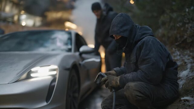 People recharging autonomous vehicles in a stormy night scene, symbolizing endurance, advanced battery tech, and resilience of electric transport infrastructure during winter conditions. cinematic