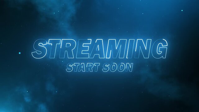 neon streaming start soon text in blue colour with nebula and particles effect on black background