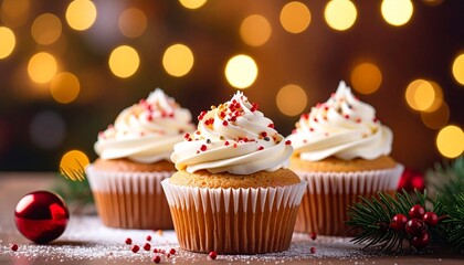 Three delicious vanilla cupcakes with creamy white frosting and red sprinkles, set against a warm, festive background of sparkling holiday lights