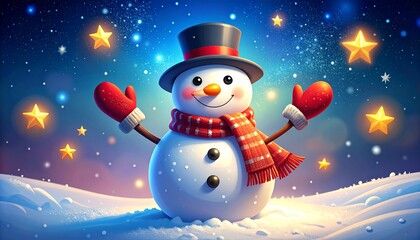 Festive snowman in a red scarf and mittens, standing cheerfully amidst a sparkling snowy landscape under a magical starry night, radiating winter holiday joy