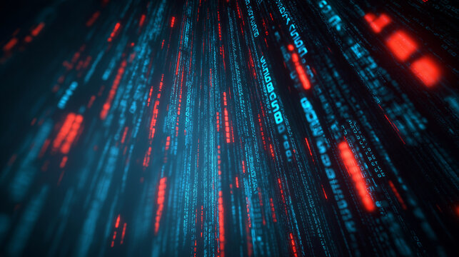 Digital Rain: Abstract Binary Code in Blue and Red Hues