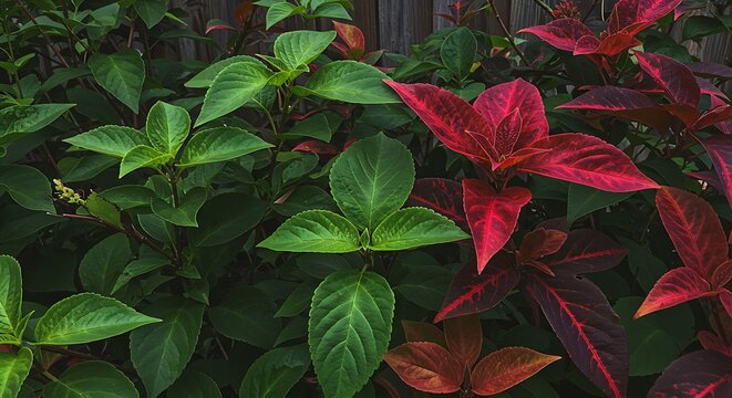 Vibrant Foliage - A Colorful Display of Green and Red Leaves. - Powered by Adobe