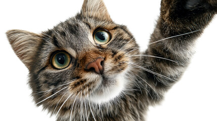 Tabby cat with wide green eyes takes a selfie
