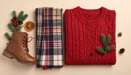 Cozy winter fashion flat lay with red cable-knit sweater, plaid scarf, and brown boot on a neutral background with festive decorations