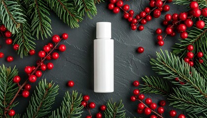 Cosmetic product bottle surrounded by festive winter foliage and red berries, suggesting a holiday or seasonal skincare promotion