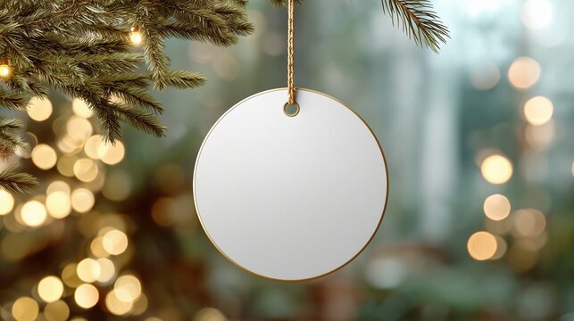 A blank circular tag hanging from a Christmas tree branch. The background features soft bokeh lights, creating a festive atmosphere. - Powered by Adobe