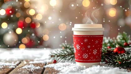 Cozy Winter Beverage in Snowy Setting with Festive Decorations and Warm Steam