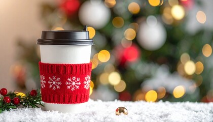 Cozy winter drink in a festive knitted sleeve with a blurred Christmas tree background, perfect for holiday promotions