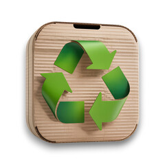 Recycled cardboard box with green recycling symbol 3d