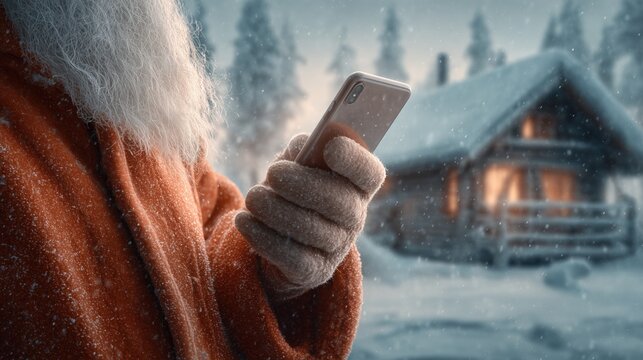 A close-up of a man with a white beard wearing an orange coat, holding a smartphone. A cozy cabin is visible in the snowy background. - Powered by Adobe