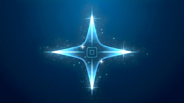 Radiant blue star with sparkling beams and geometric accents, centered on a dark blue background, symbolizing cosmic brilliance, navigation, futuristic digital design, and celestial inspiration.

