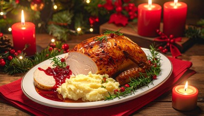 Traditional holiday feast featuring a succulent roasted turkey dinner with all the trimmings, set on a festive table with warm candlelight
