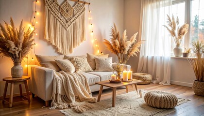 Inviting and Stylish Bohemian Living Room with Warm Lighting and Natural Pampas Grass Decor, Creating a Cozy and Relaxing Home Atmosphere