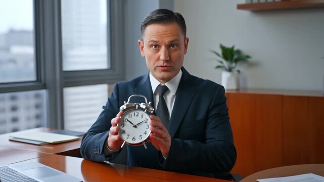 A businessman holding a clock, suggesting the concept of time management Stock Video