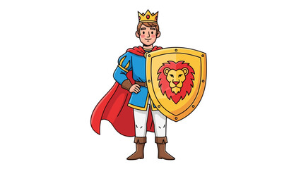 Cartoon prince in red cape and blue tunic holding lion shield
