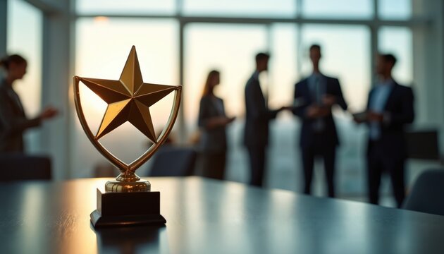 Golden star trophy sits on office table. Blurred business people stand in background. Symbolizes work success recognition achievement and corporate victory.