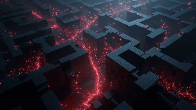 Dark maze illuminated with glowing red particles creating a surreal scene. - Powered by Adobe