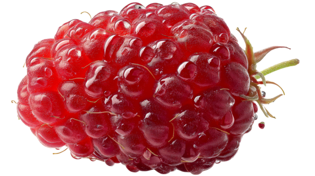 Ripe red raspberry covered in clear water droplets
